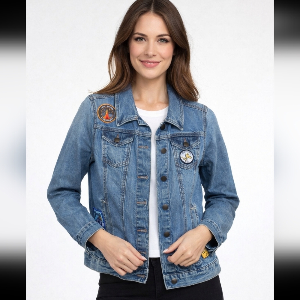 LOFT Jean Jacket Women XS Blue Good Patchwork Woodstock Pusheen Denim Trucker
